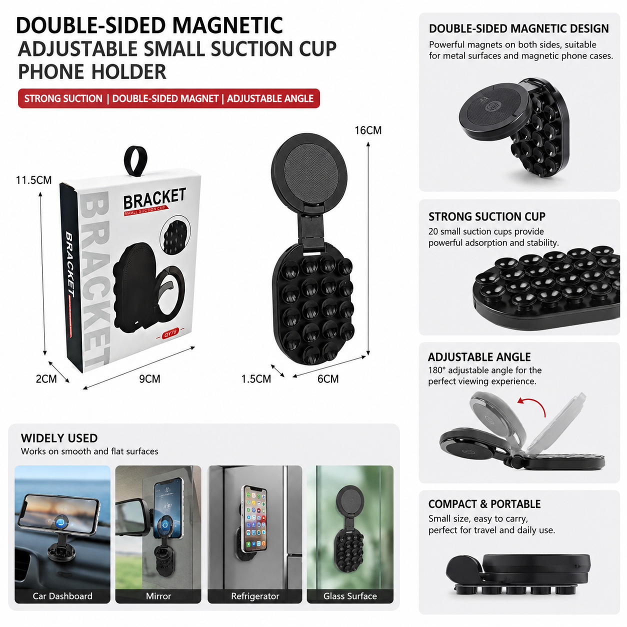 Double-Sided Magnetic Adjustable Suction Cup Phone Holder