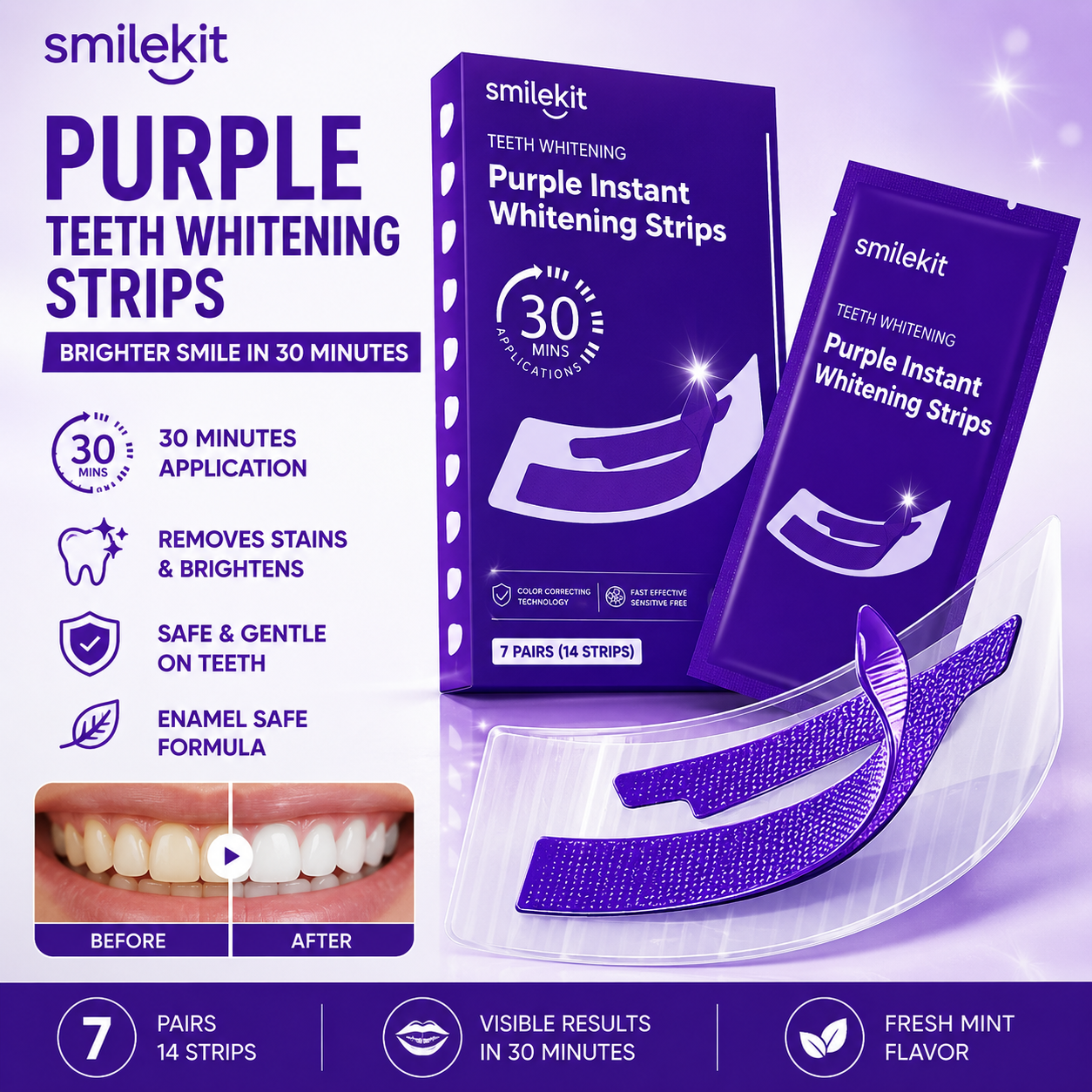 Smilekit Purple Teeth Whitening Strips (7 pairs of 14 stickers)